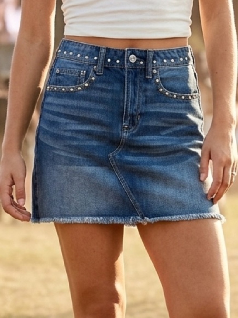 American Eagle Hi-Rise Festival Mini Jean Skirt Sz 2 Long Studded Fray Denim
